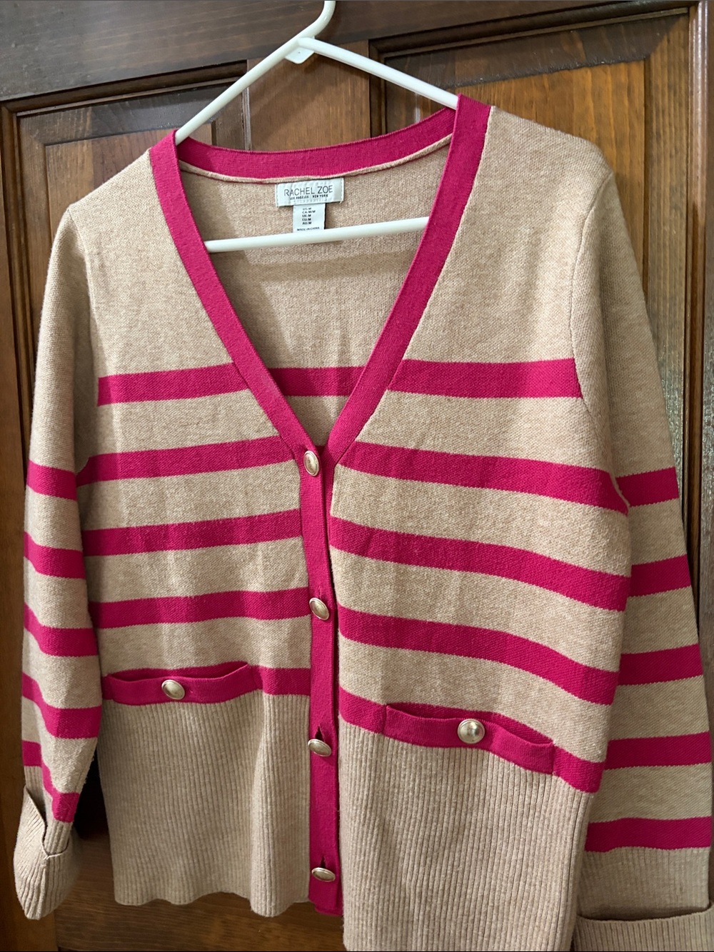 Rachel Zoe Beige and Fuchsia Striped V-Neck Cardigan
